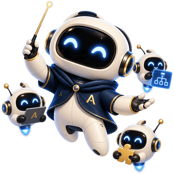 The AI Architect, a small white robot in a navy cape marked with a gold A, raising a glowing wand while three smaller helper robots carry a diagram, a tablet and a puzzle piece around it.