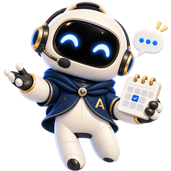 The AI Personal Assistant, a small white robot in a navy cape marked with a gold A, wearing a headset and holding up a calendar, with a speech bubble beside it.