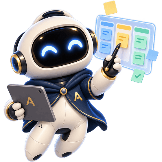 The AI Product Manager, a small white robot in a navy cape marked with a gold A, holding a tablet in one hand and pointing a pen at a floating board of colour-coded cards.
