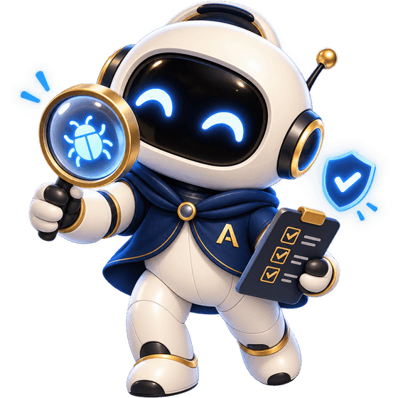 The AI Quality Assurance robot, a small white figure in a navy cape marked with a gold A, holding a magnifying glass with a bug glowing inside it and a checklist of ticks, beside a blue shield.
